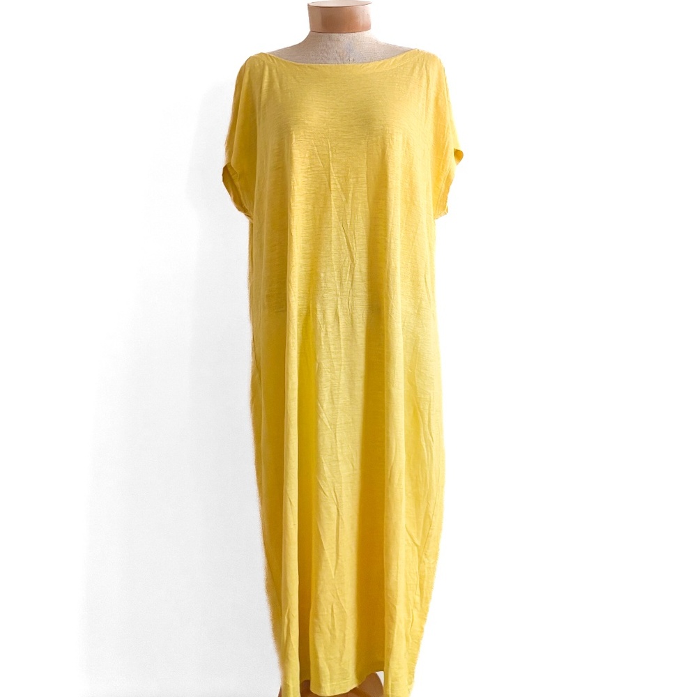 EILEEN FISHER Organic Cotton + Hemp Knit Maxi T-shirt Dress Yellow Pullover EUC!